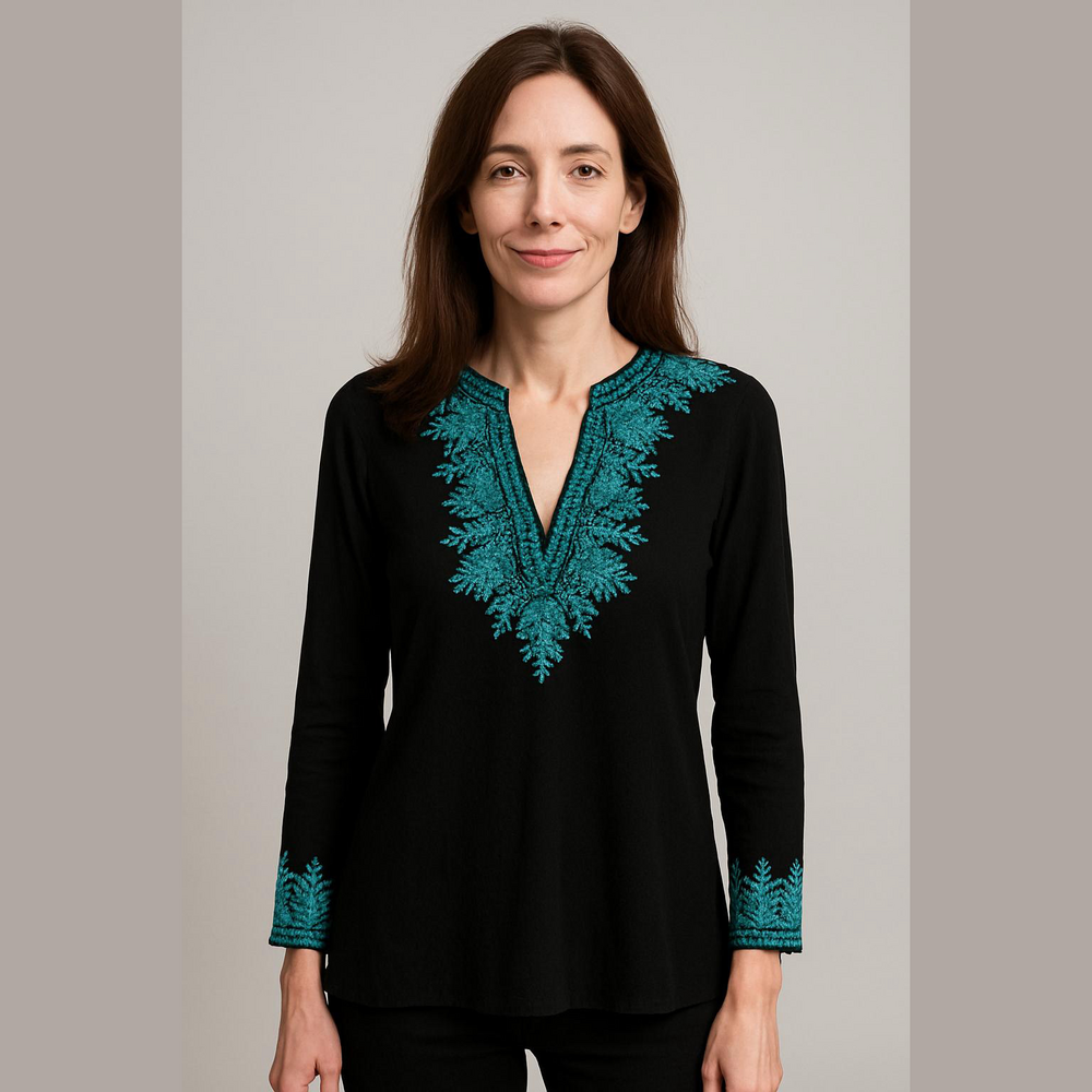 Embellished Black 3/4 Sleeve Tunic Top